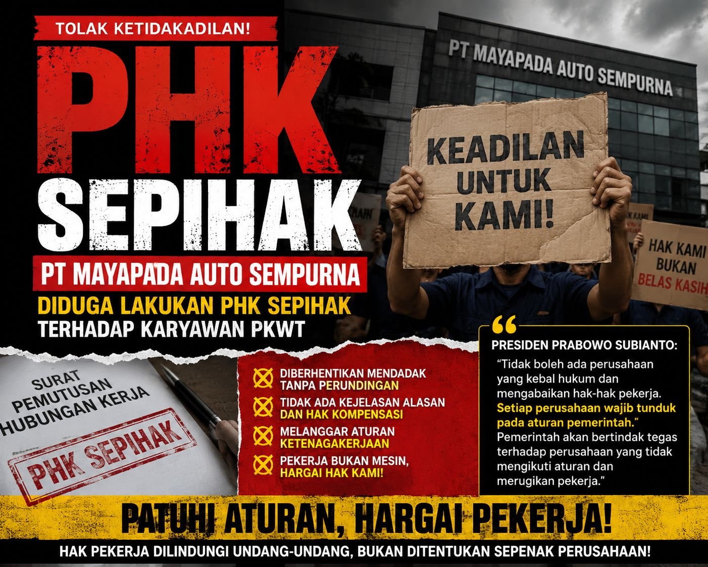 PT MAYAPADA AUTO SEMPURNA DIDUGA LAKUKAN PHK SEPIHAK TERHADAP KARYAWAN PKWT, PEKERJA TUNTUT KEADILAN
